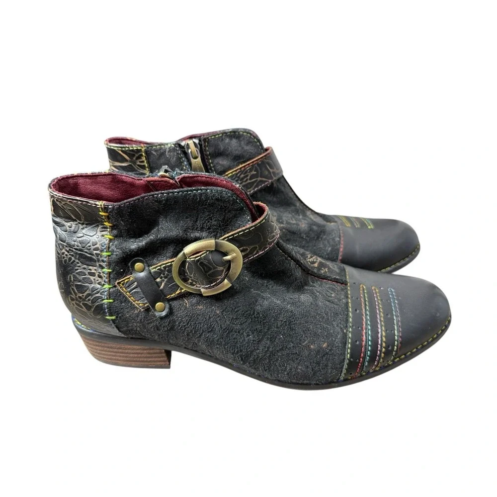L'Artiste Spring Step Georgiana Leather Ankle Bootie Black/blue Multi sz 42 10.5